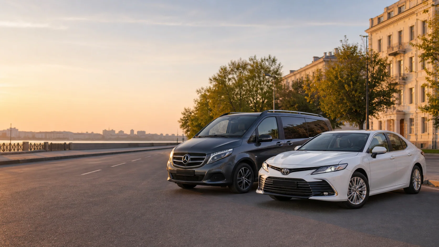 Mercedes-Benz V-Class и Toyota Camry на фоне набережной Волгограда